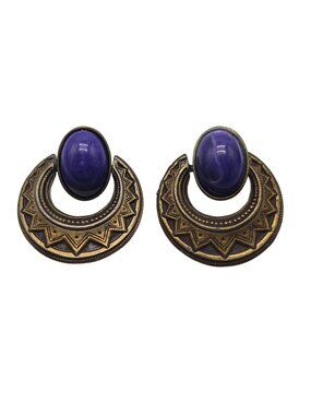 Antique Style Bronze Earrings With Purple Oval Faux Stone Tribal-Inspired Design